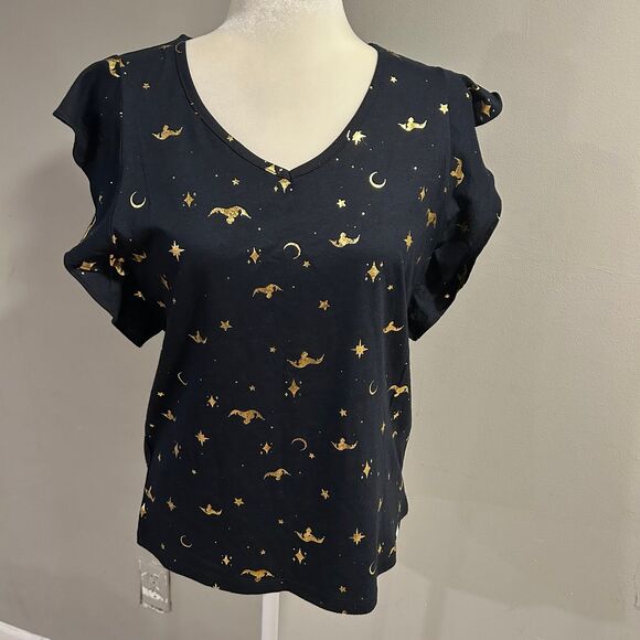 NWOT Disney Parks Aladdin Flying Carpet Gold Metallic Ruffle Shirt Womens Small - Picture 1 of 10
